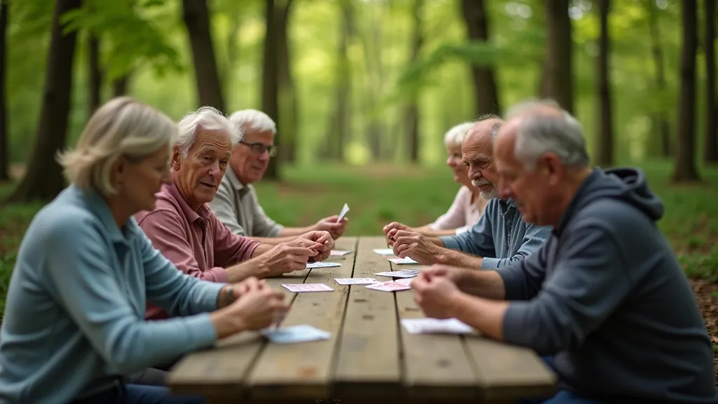 Skupinka seniorů hraje karty u stolu v lesním odpočívadlu