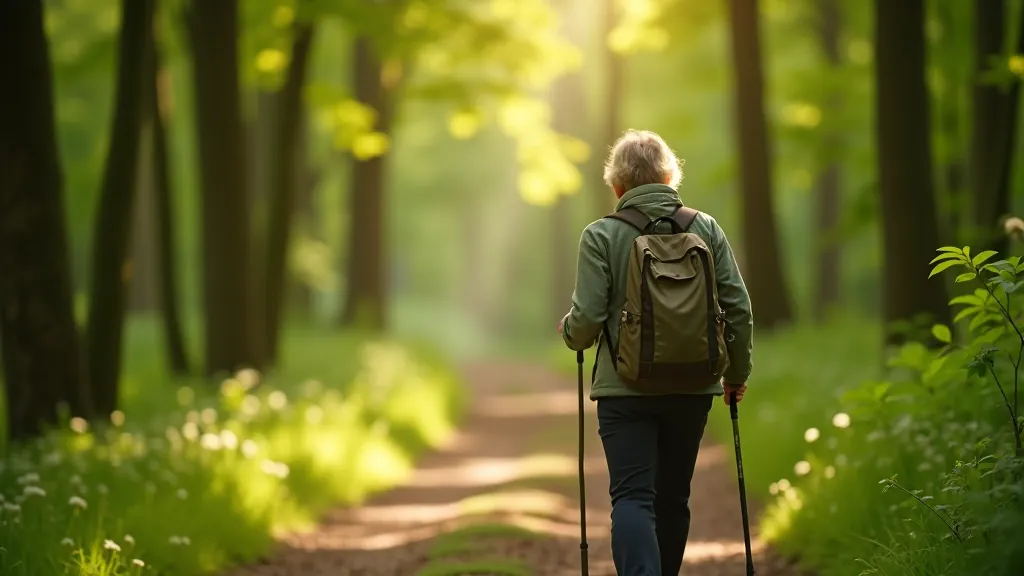 Seniorka se prochází lesní cestou obklopená přírodou