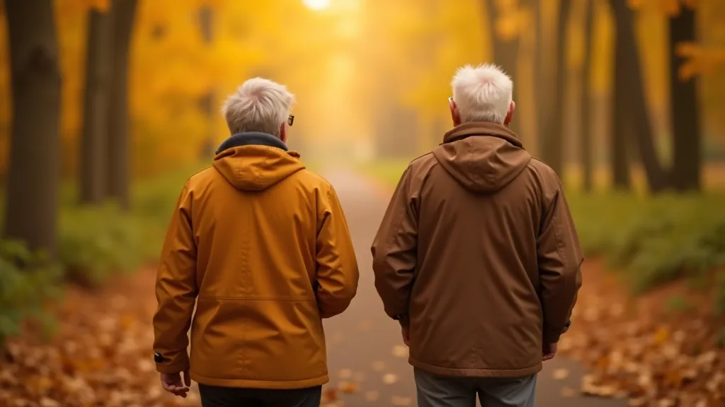 Skupinka seniorů se prochází lesní cestou, obklopeni barevnými podzimními stromy a padajícím listím